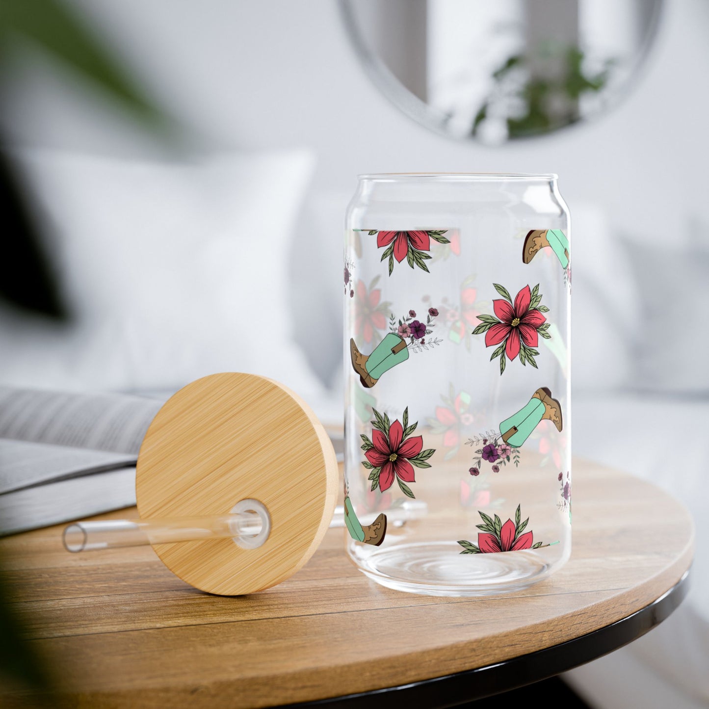 Floral Cowgirl Boots Sipper Glass 16oz with Bamboo Lid - Eco-Friendly Drinkware