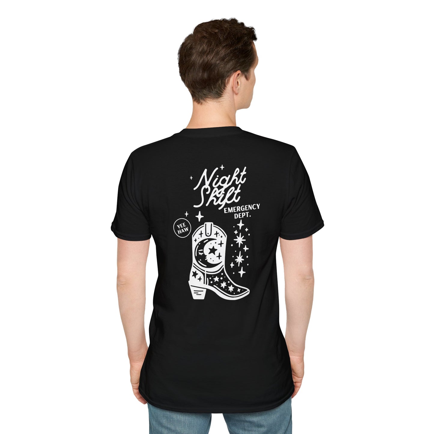 "Night Shift Emergency Dept. Unisex Softstyle T-Shirt | Cute Astrology Tees | Ideal for Nurses and Medical Staff | Fun Gift for Night Owls"
