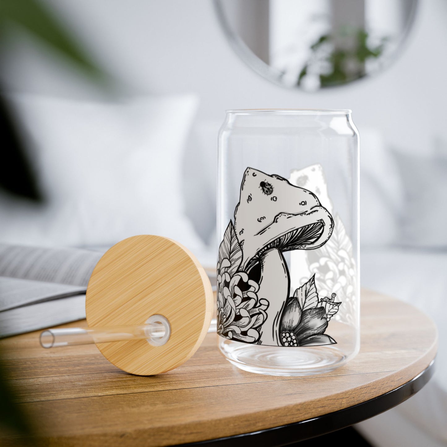 Mushroom Themed Eco-Friendly 16oz Sipper Glass with Floral Design
