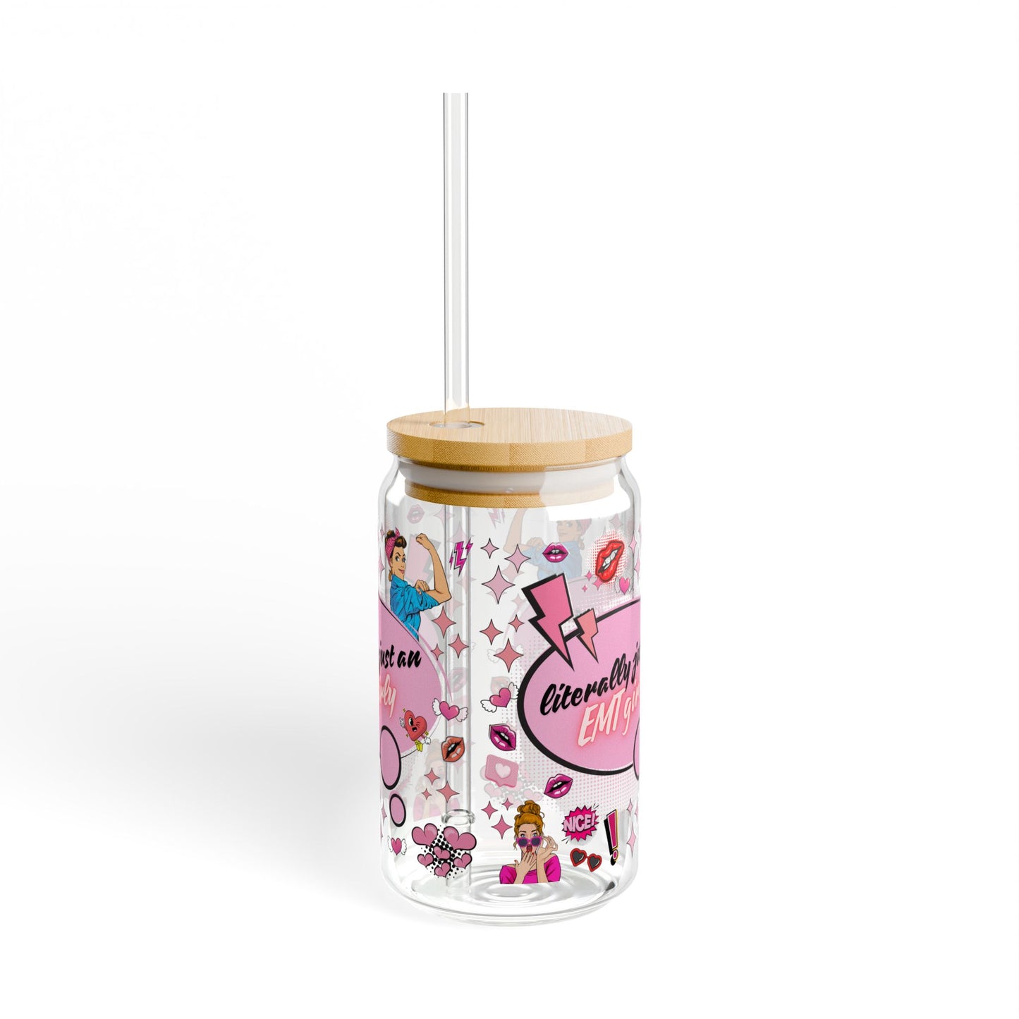 Fun EMT Girly Sipper Glass - 16oz with Bamboo Lid and Straw