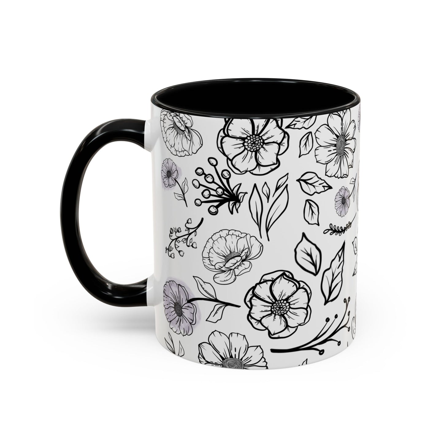 Handdrawn Floral Garden Coffee Mug - 11 & 15oz Black & White Design