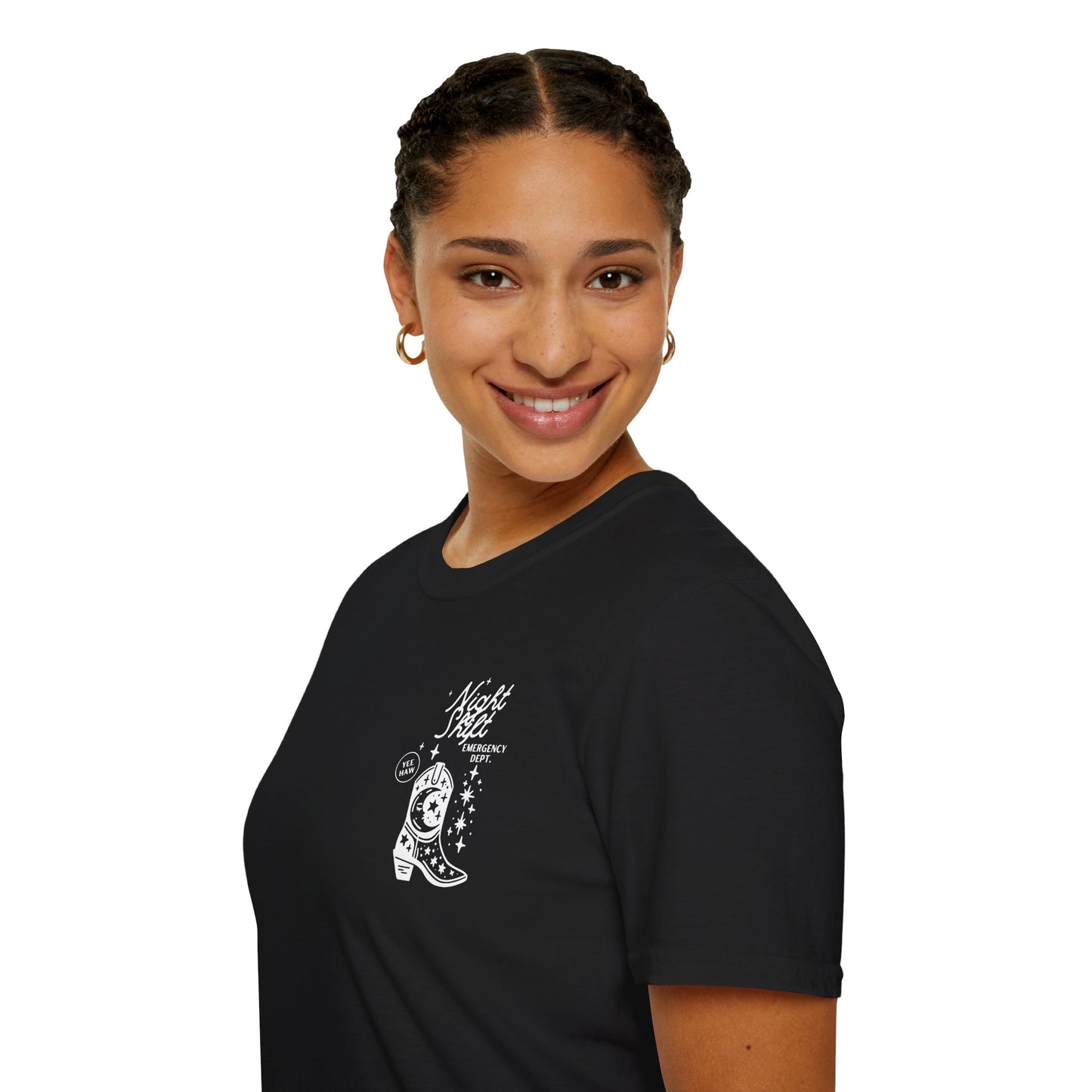 "Night Shift Emergency Dept. Unisex Softstyle T-Shirt | Cute Astrology Tees | Ideal for Nurses and Medical Staff | Fun Gift for Night Owls"