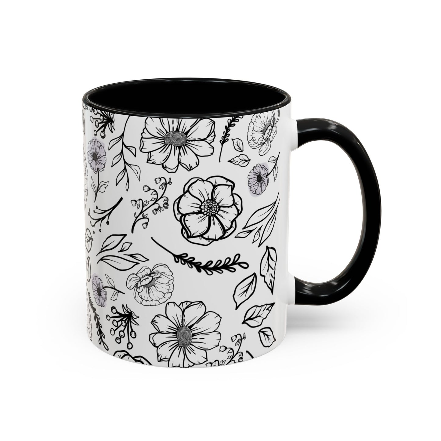 Handdrawn Floral Garden Coffee Mug - 11 & 15oz Black & White Design
