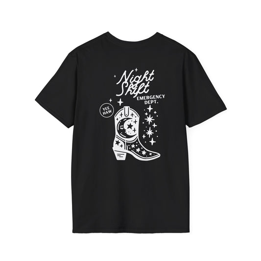 "Night Shift Emergency Dept. Unisex Softstyle T-Shirt | Cute Astrology Tees | Ideal for Nurses and Medical Staff | Fun Gift for Night Owls"