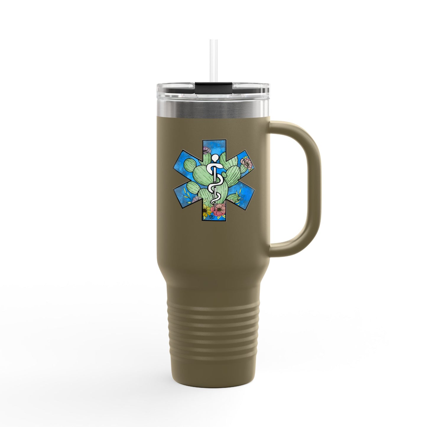EMS Star of Life, EMT, Paramedic, Arizona Cactus Design 40oz Insulated Travel Mug - Perfect for Adventurers & Healthcare Workers