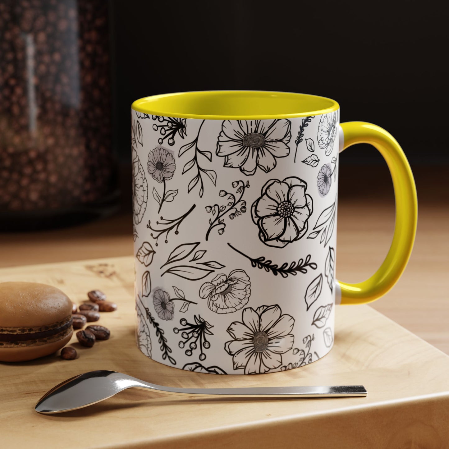 Handdrawn Floral Garden Coffee Mug - 11 & 15oz Black & White Design