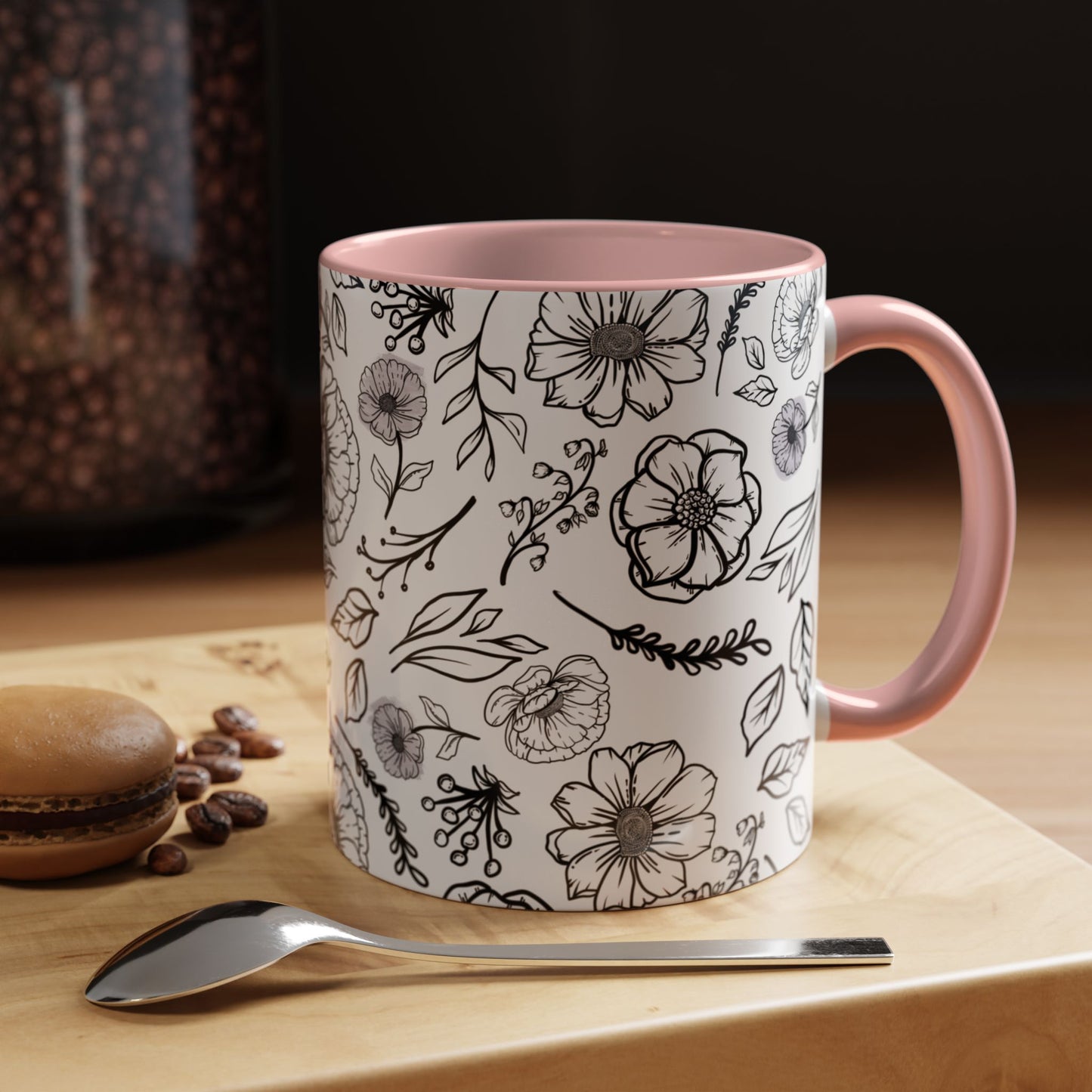 Handdrawn Floral Garden Coffee Mug - 11 & 15oz Black & White Design