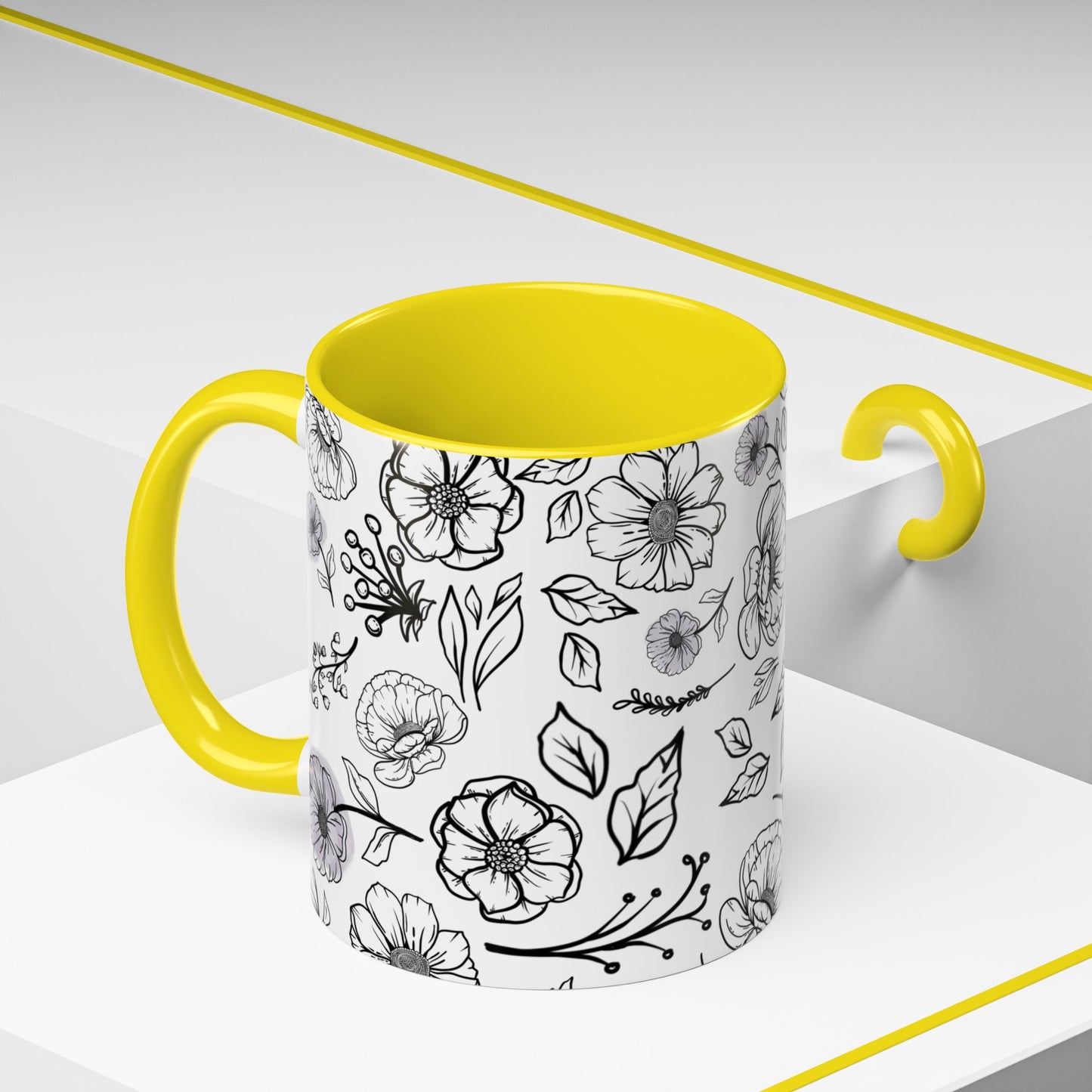 Handdrawn Floral Garden Coffee Mug - 11 & 15oz Black & White Design