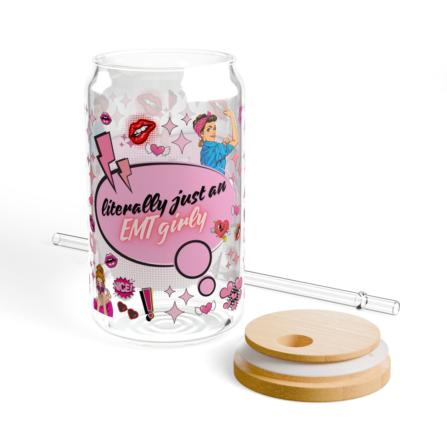 Fun EMT Girly Sipper Glass - 16oz with Bamboo Lid and Straw