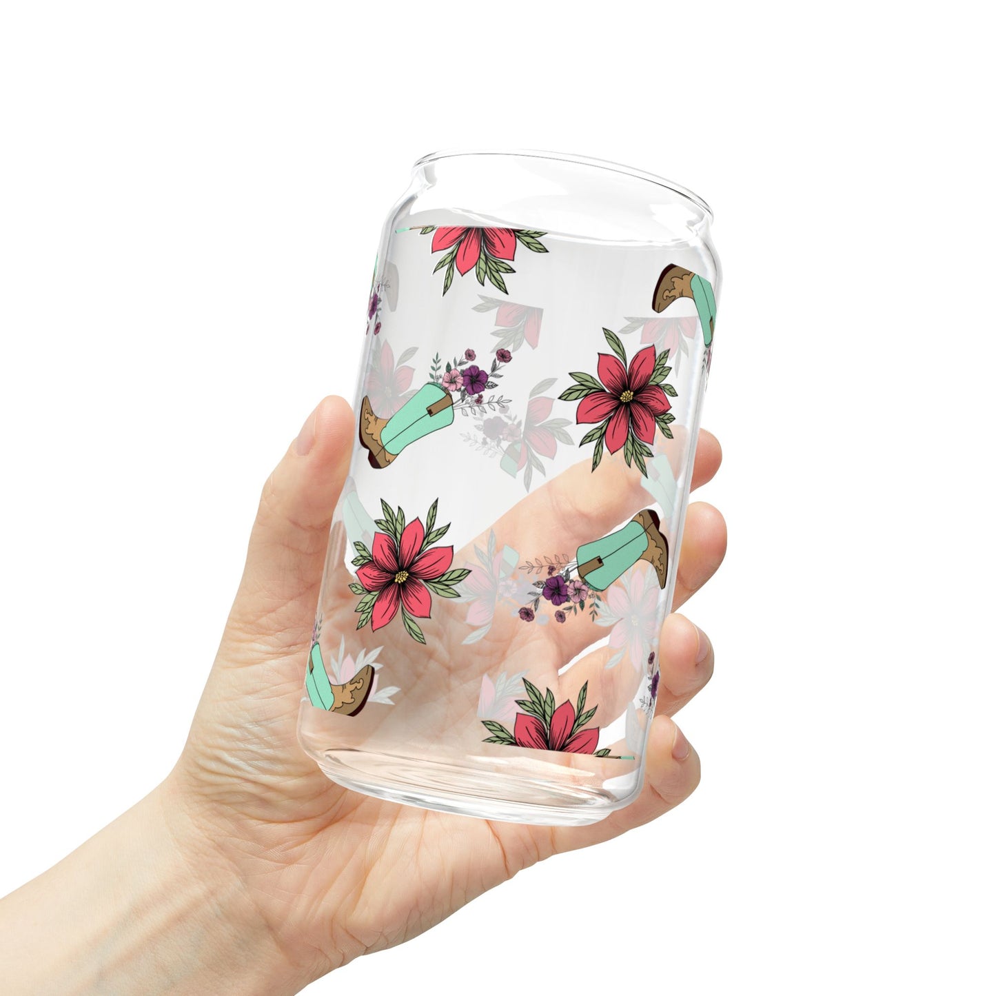 Floral Cowgirl Boots Sipper Glass 16oz with Bamboo Lid - Eco-Friendly Drinkware