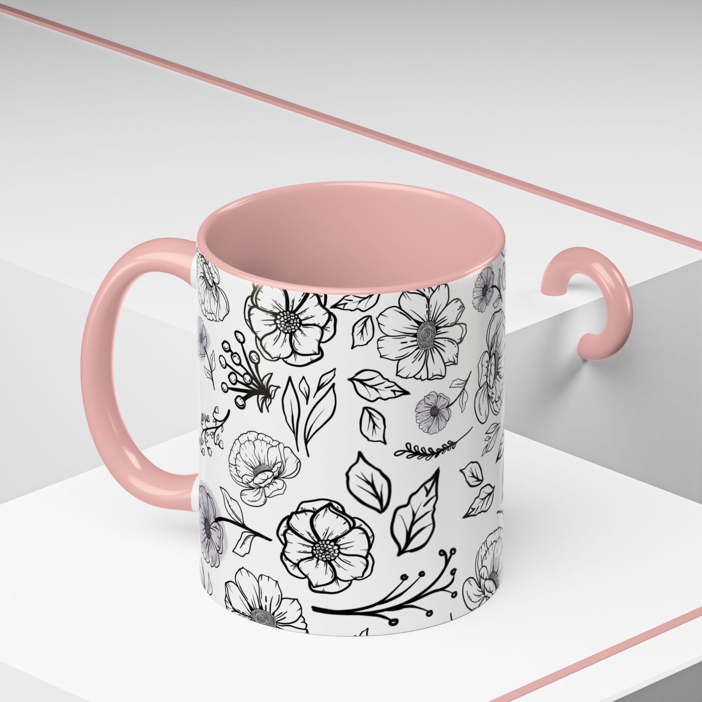 Handdrawn Floral Garden Coffee Mug - 11 & 15oz Black & White Design