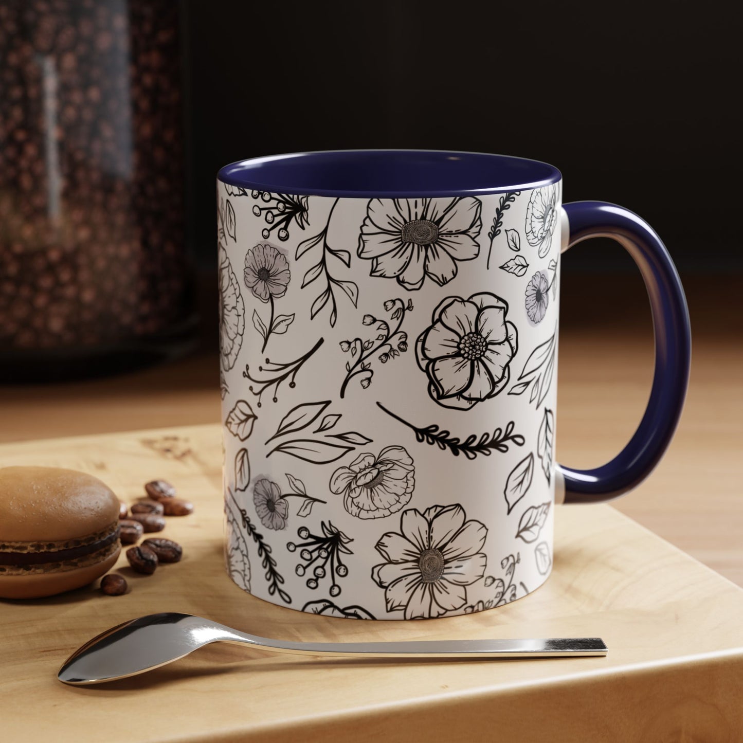 Handdrawn Floral Garden Coffee Mug - 11 & 15oz Black & White Design