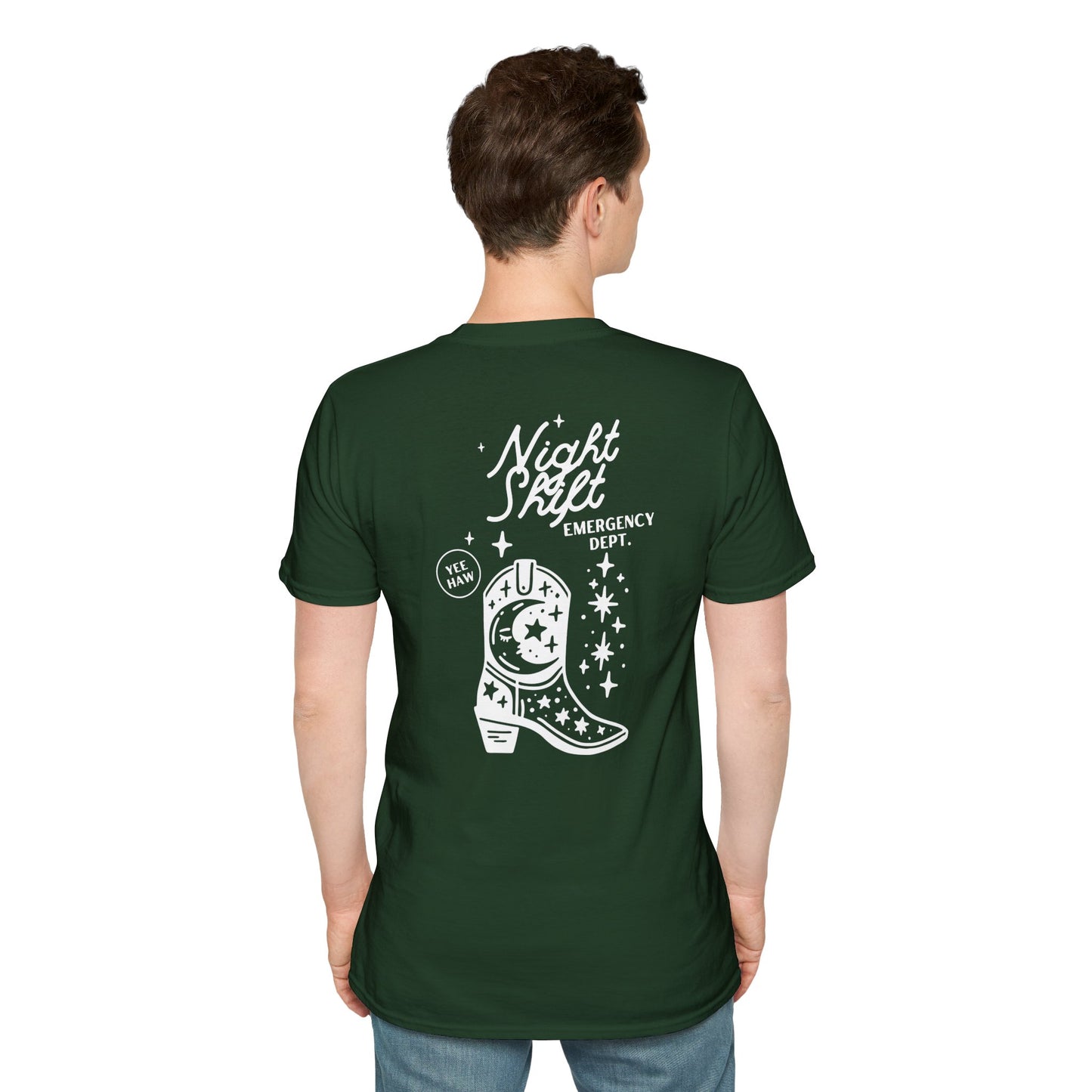 "Night Shift Emergency Dept. Unisex Softstyle T-Shirt | Cute Astrology Tees | Ideal for Nurses and Medical Staff | Fun Gift for Night Owls"