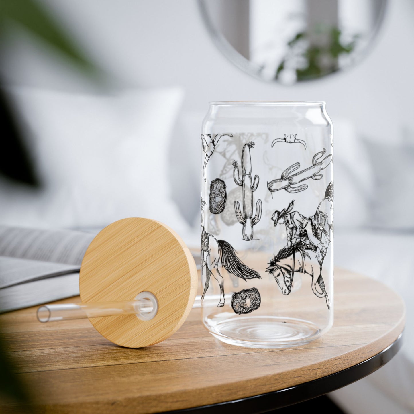 Hand-Drawn Western Sipper Glass – 16oz Cowboy Desert, Boho Cowgirl