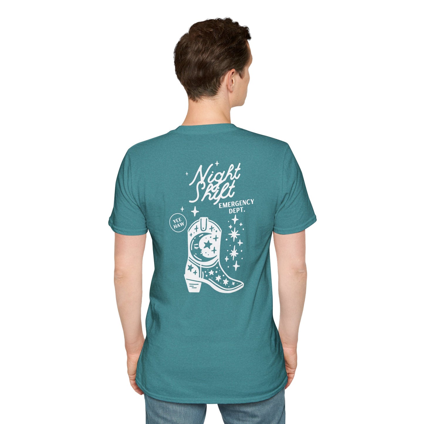 "Night Shift Emergency Dept. Unisex Softstyle T-Shirt | Cute Astrology Tees | Ideal for Nurses and Medical Staff | Fun Gift for Night Owls"