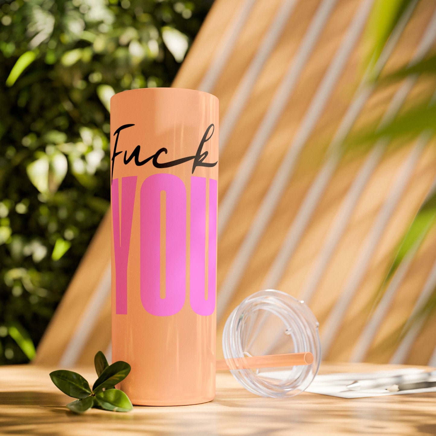 Funny 20oz Skinny Tumbler with Straw - "Fuck You" Design