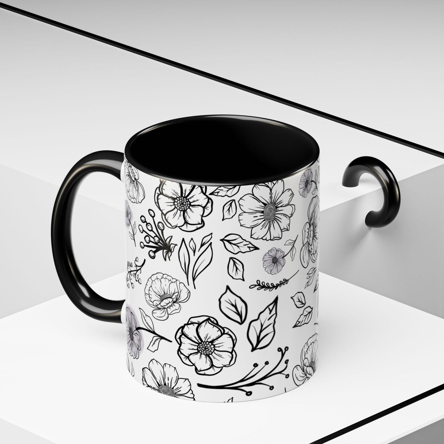 Handdrawn Floral Garden Coffee Mug - 11 & 15oz Black & White Design