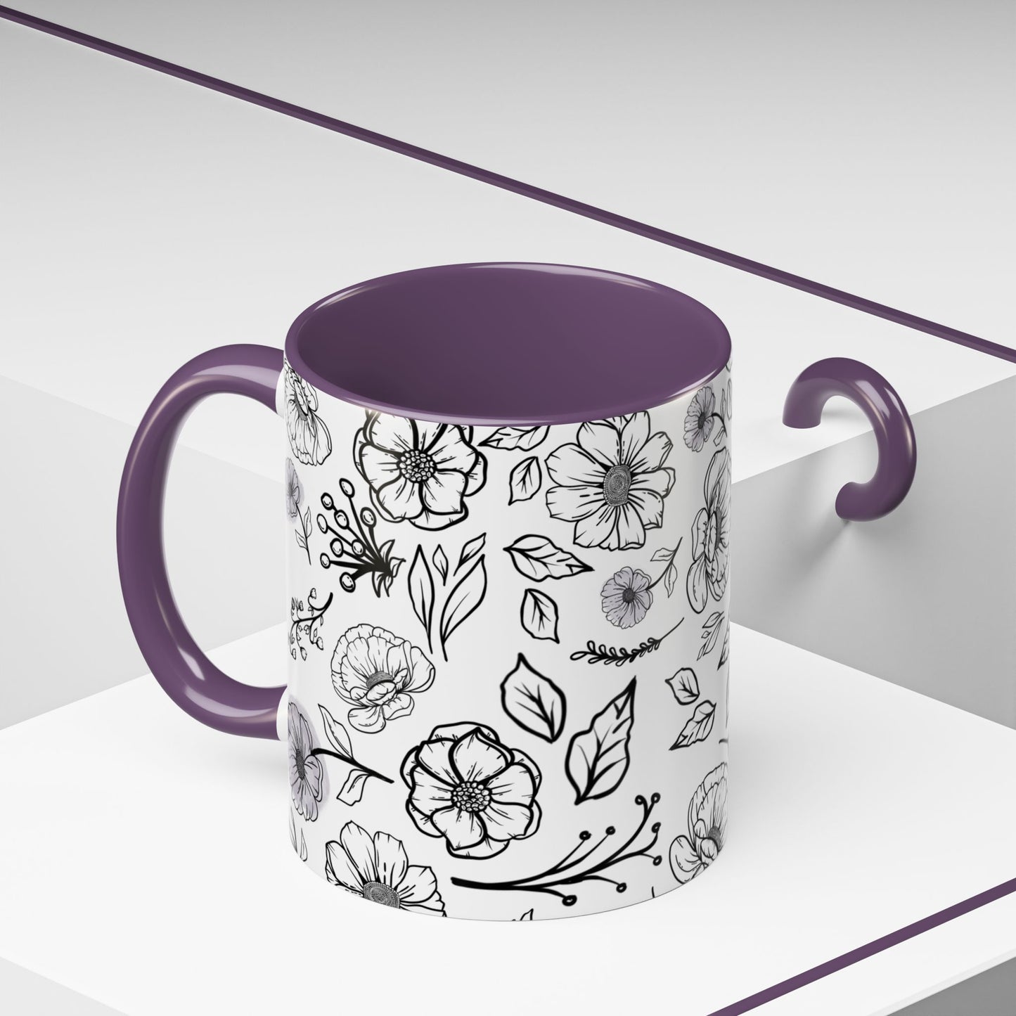 Handdrawn Floral Garden Coffee Mug - 11 & 15oz Black & White Design