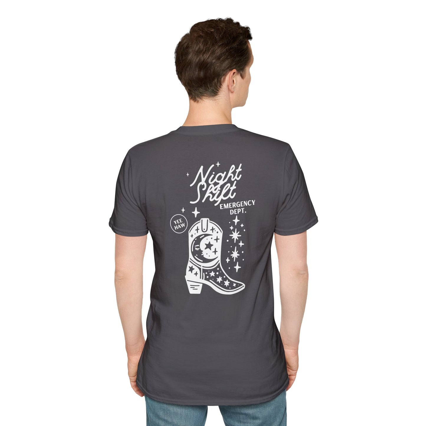 "Night Shift Emergency Dept. Unisex Softstyle T-Shirt | Cute Astrology Tees | Ideal for Nurses and Medical Staff | Fun Gift for Night Owls"
