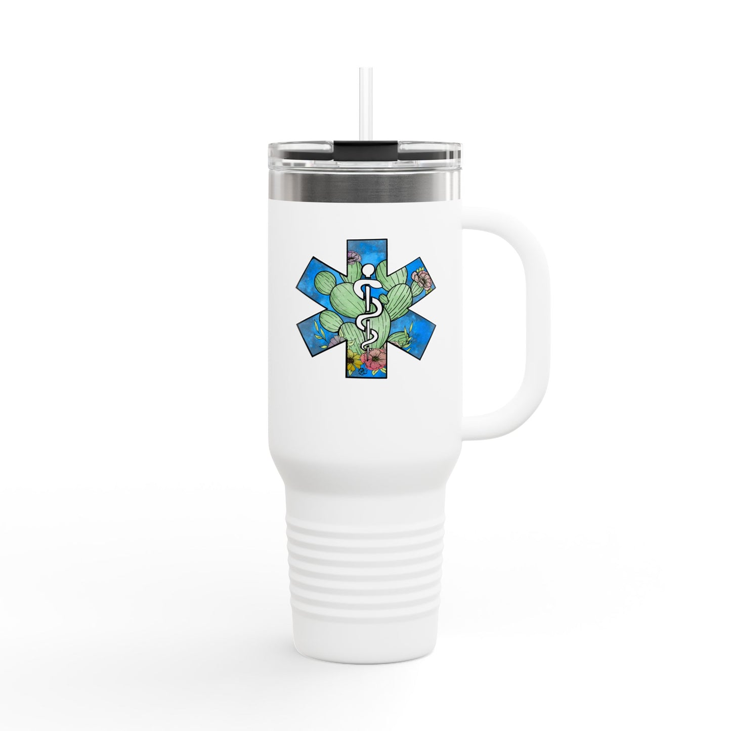 EMS Star of Life, EMT, Paramedic, Arizona Cactus Design 40oz Insulated Travel Mug - Perfect for Adventurers & Healthcare Workers