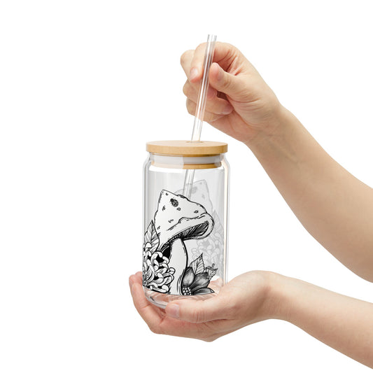 Mushroom Themed Eco-Friendly 16oz Sipper Glass with Floral Design