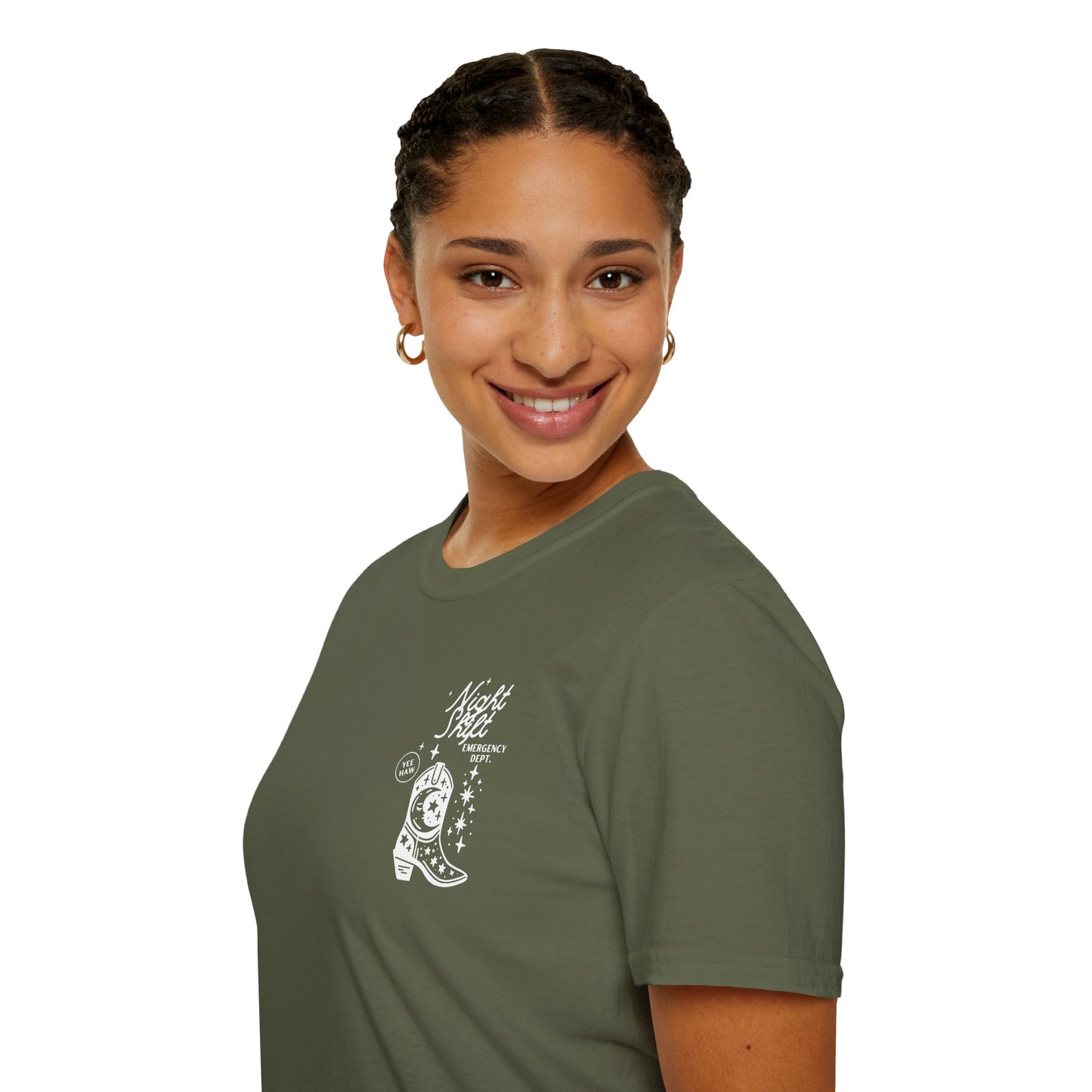 "Night Shift Emergency Dept. Unisex Softstyle T-Shirt | Cute Astrology Tees | Ideal for Nurses and Medical Staff | Fun Gift for Night Owls"