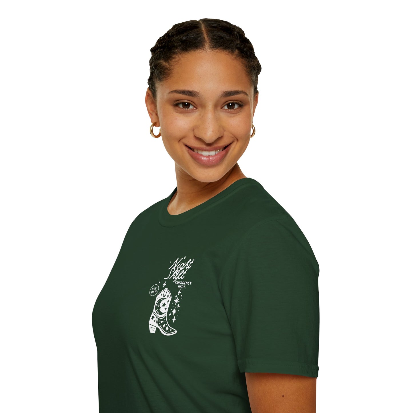 "Night Shift Emergency Dept. Unisex Softstyle T-Shirt | Cute Astrology Tees | Ideal for Nurses and Medical Staff | Fun Gift for Night Owls"