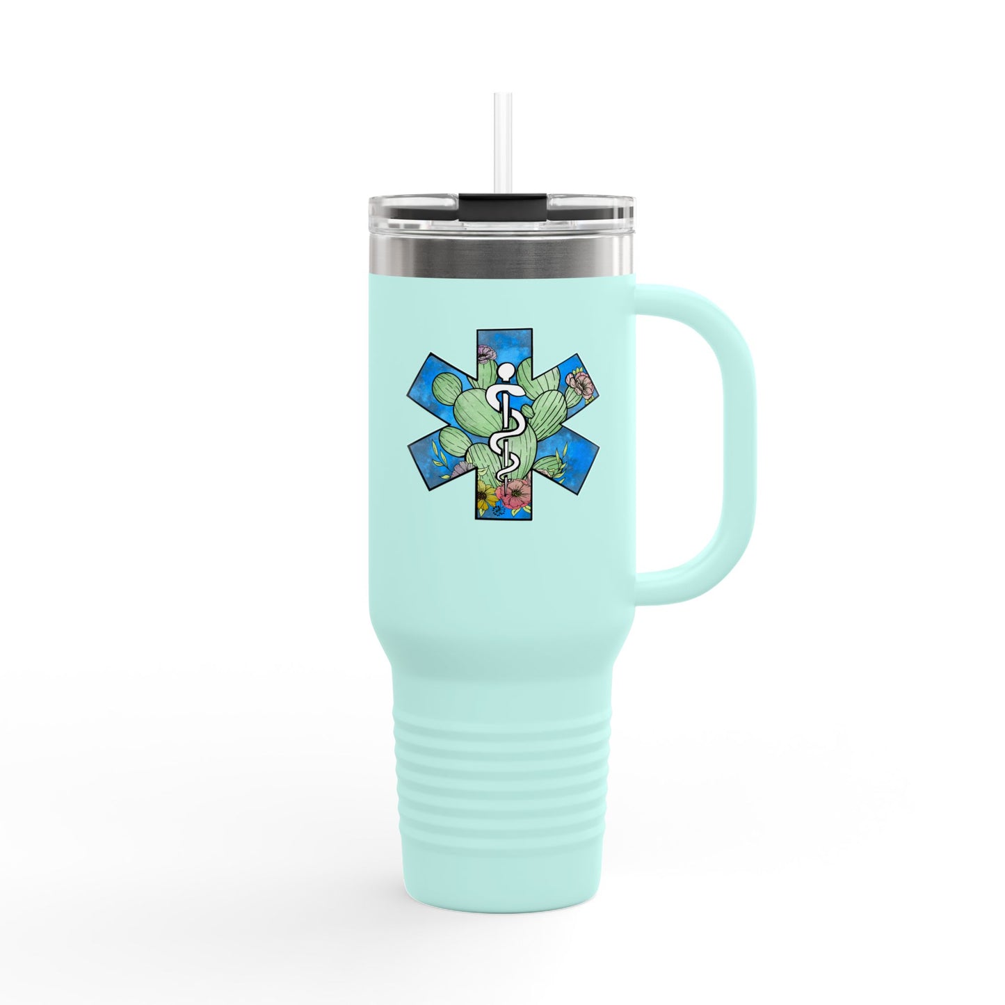 EMS Star of Life, EMT, Paramedic, Arizona Cactus Design 40oz Insulated Travel Mug - Perfect for Adventurers & Healthcare Workers