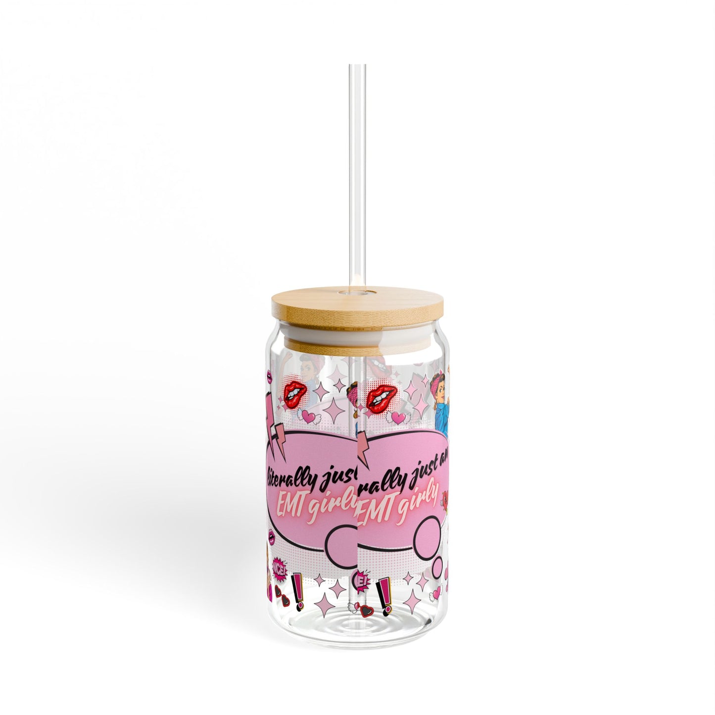Fun EMT Girly Sipper Glass - 16oz with Bamboo Lid and Straw