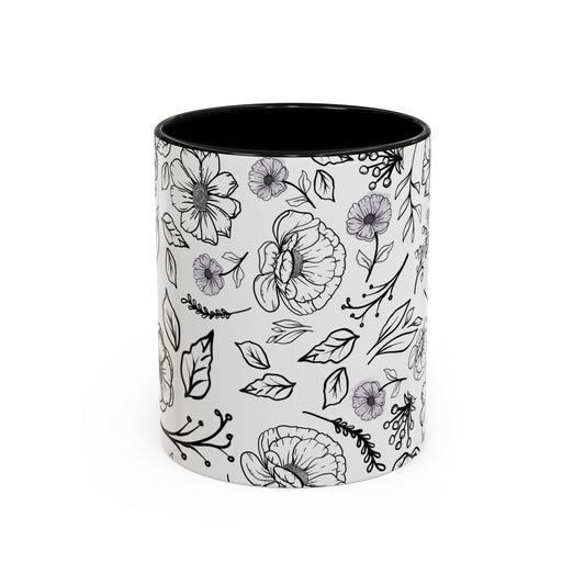 Handdrawn Floral Garden Coffee Mug - 11 & 15oz Black & White Design